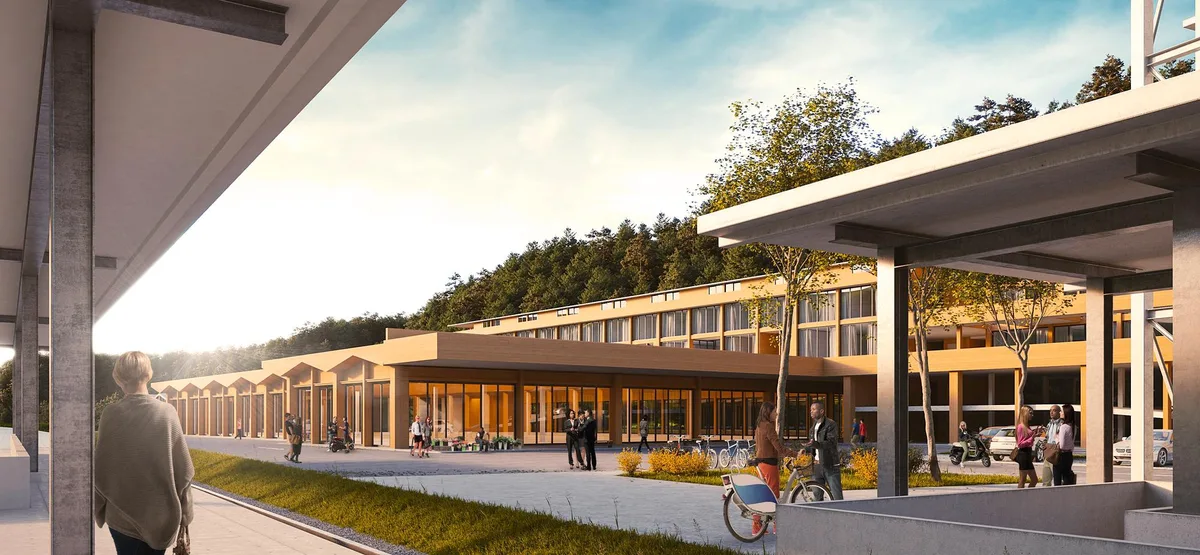 Ende 2021 hatte die Hiag ihre Pläne für eine Überbauung Talwis direkt neben dem Bahnhof Aathal überarbeitet. Visualisierung einer grossen Gewerbeüberbauung.